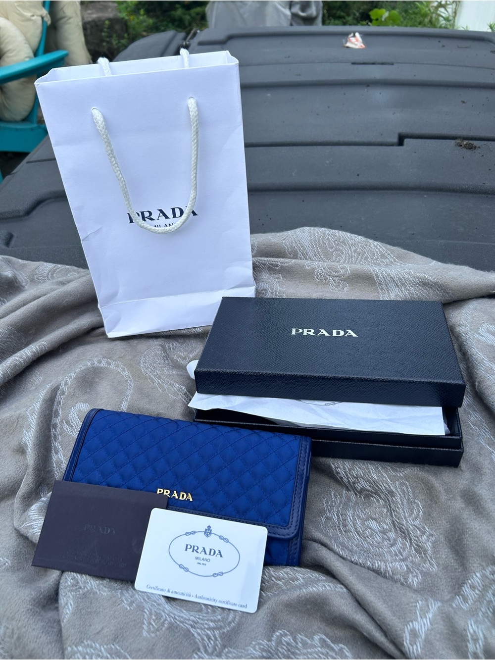 Authentic Prada Quilted Blue Flap Wallet Full Set